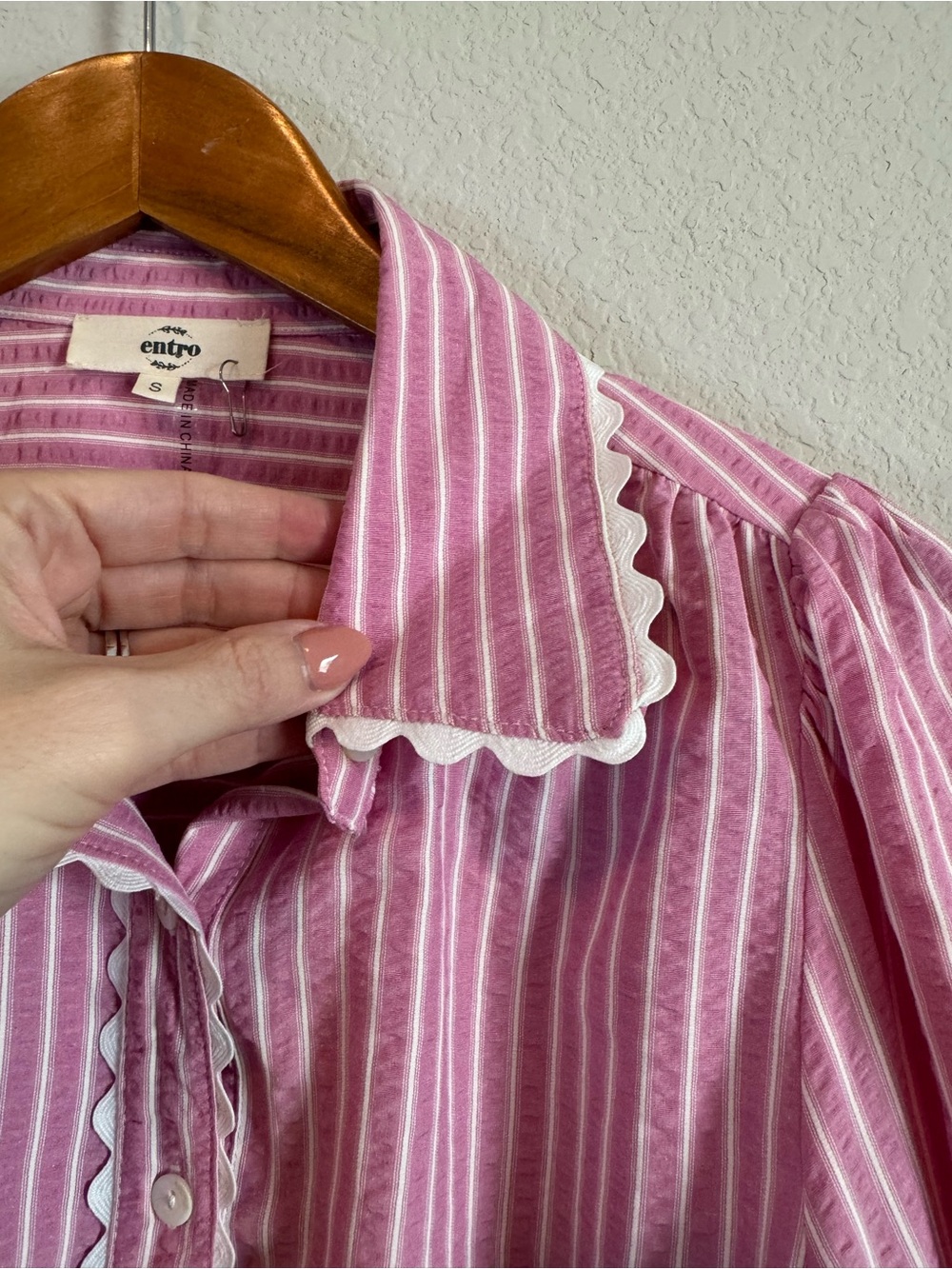 Entro Pink Striped Puff Sleeve Ric Rac Detail Grand Millenial Button Down Top S - Picture 6 of 10